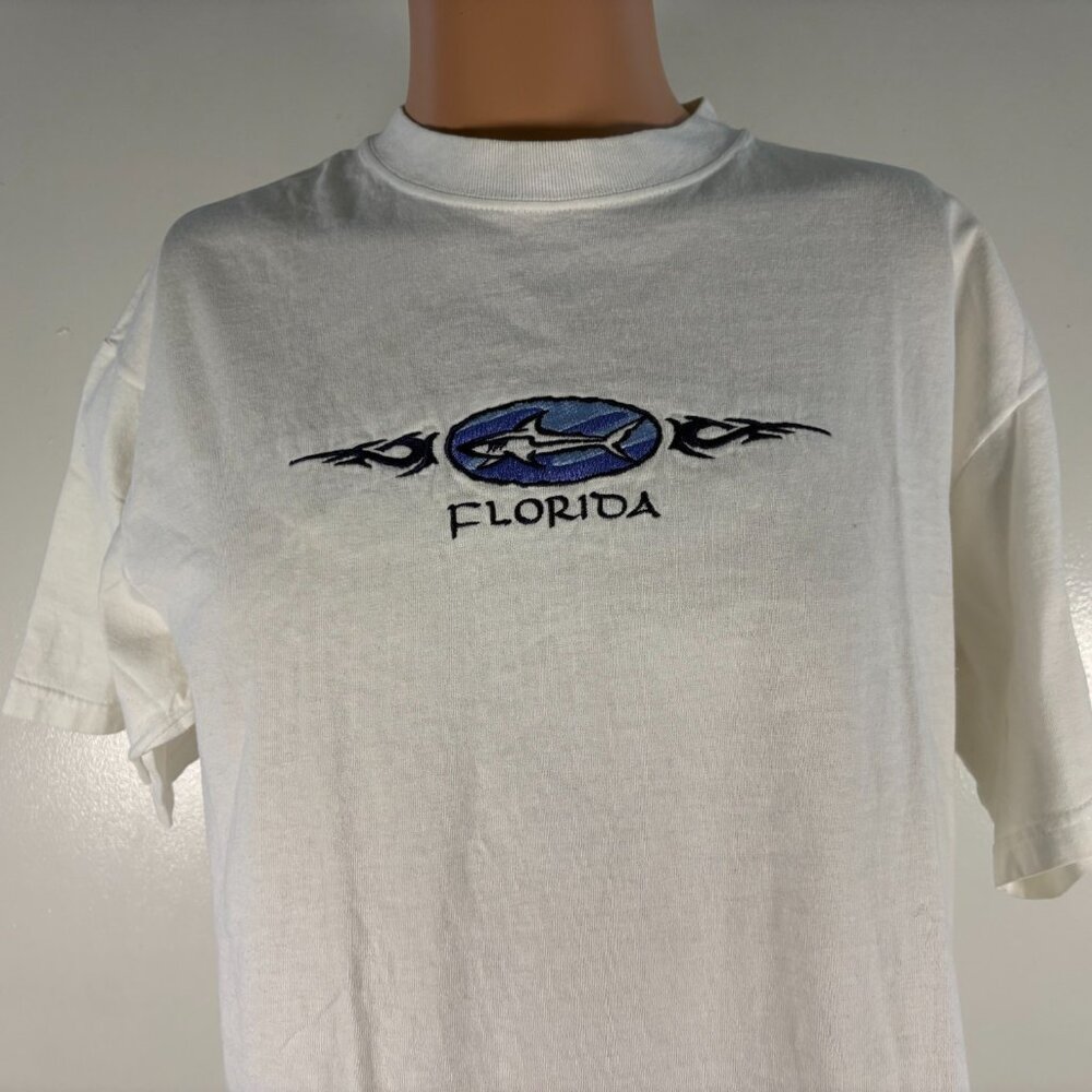 Vintage Florida T Shirt Mens Size L White Shark Embroidered
